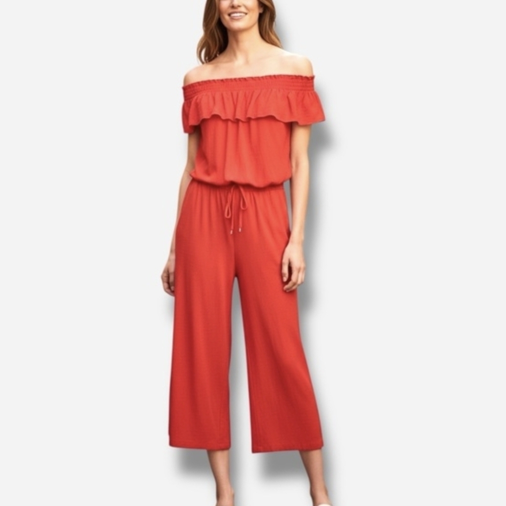 Polo Ralph Lauren Off The Shoulder Red Cropped Jumpsuit Medium Rare - Picture 6 of 10